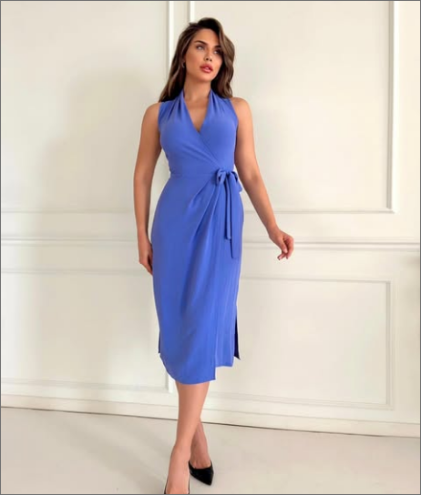 Elegant Blue Wrap Midi Dress – Effortless Sophistication for Every Occasion